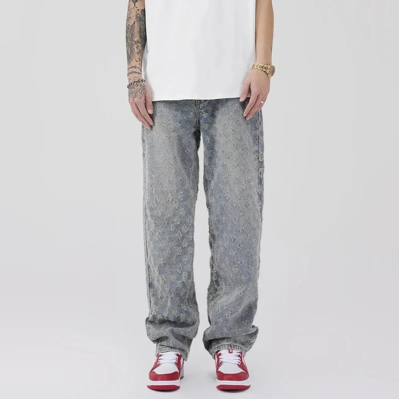 Men American Style Vintage Jacquard Design Jeans Fashion Male Summer Thin Daily Casual Denim Pants Loose Straight Leg Trousers