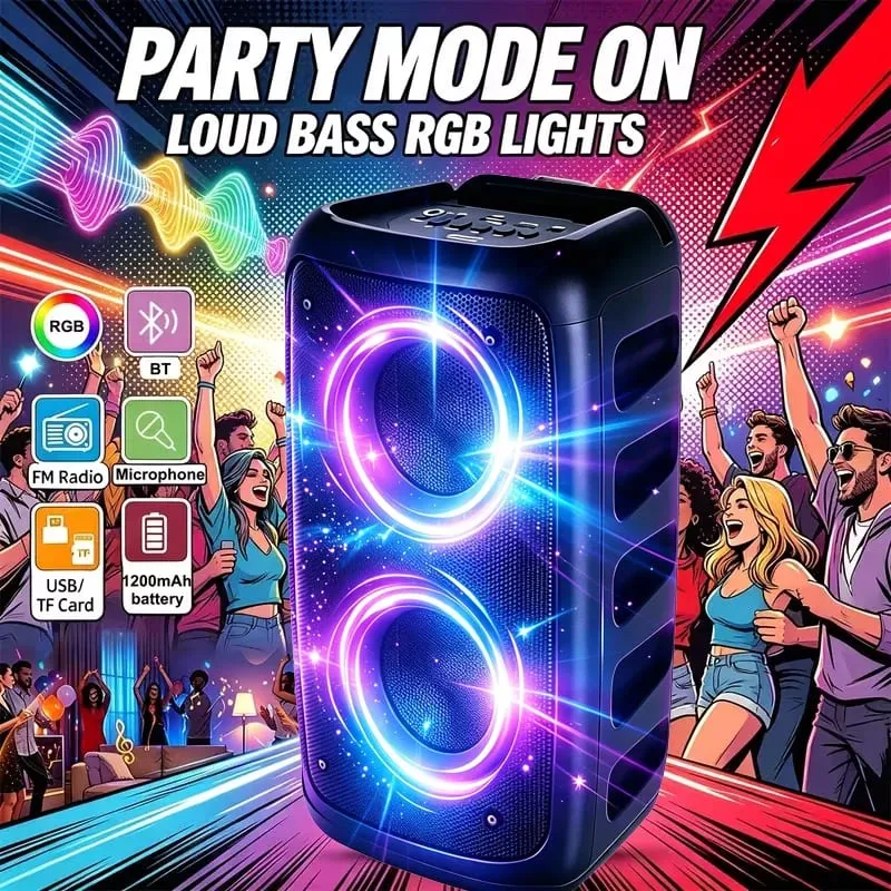 9900Hz Professional Large Bluetooth Speaker with Microphone Portable Design Featuring Subwoofer Party Box LED Lights Compatible with BT/USB/TF/AUX/FM/TWS/MIC/EQ Functions Professional Karaoke. Ideal Gift for Birthdays Christmas and New Year