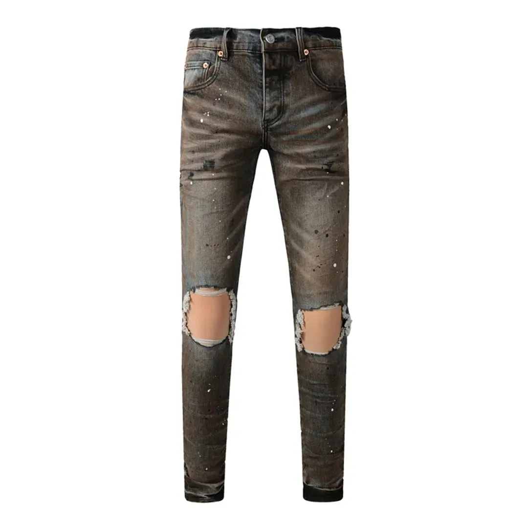 High Street Brand Men's Jeans American Distressed Coated Blank Stretch Skinny Button Fly Ripped Pants Trousers