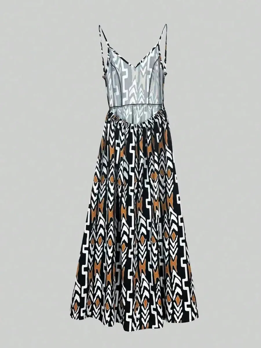 Womens African Print V Neck Backless Maxi Dress Sleeveless High Waist A Line Long Dress Summer Beach Party Elegant Outfit