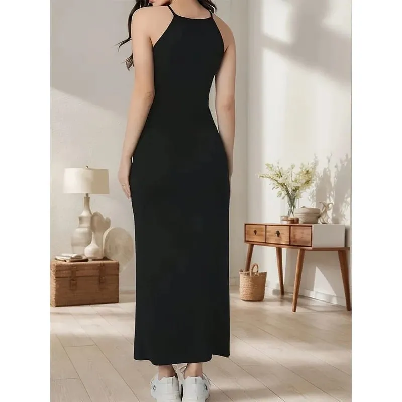 2026 Elegant Sexy Fashionable Women's Solid Color Sleeveless round Neck Slim Fit Dress Waist Cinched Long Skirt