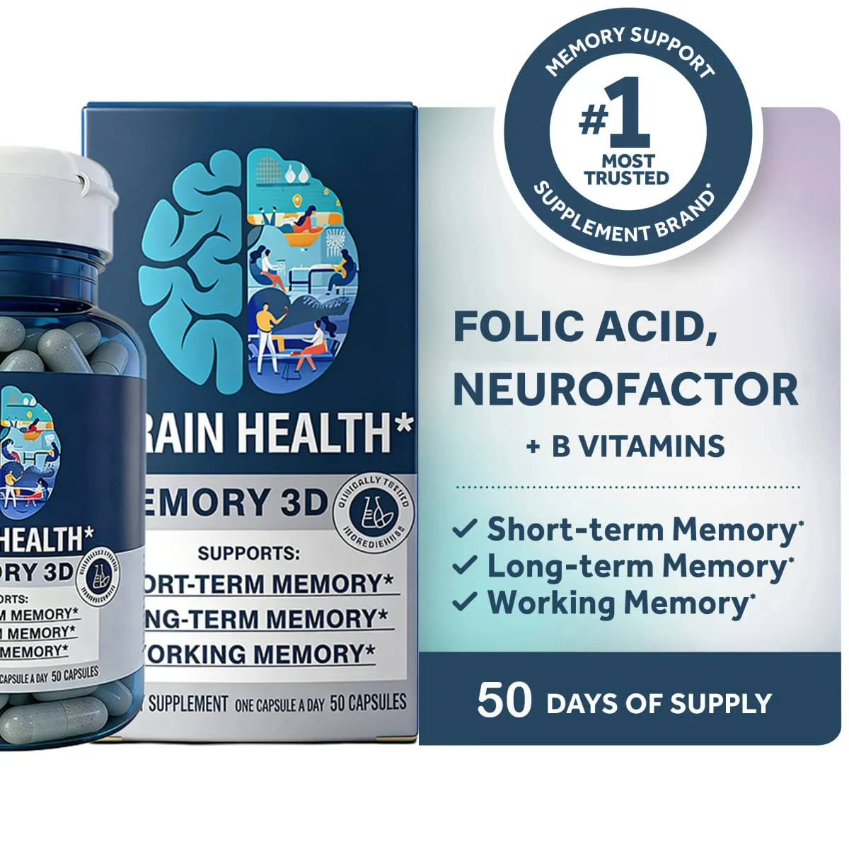 Memory 3D Brain Supplement - Nootropic Capsules for Memory Focus & Cognitive Function - Short Term Long Term & Working Memory