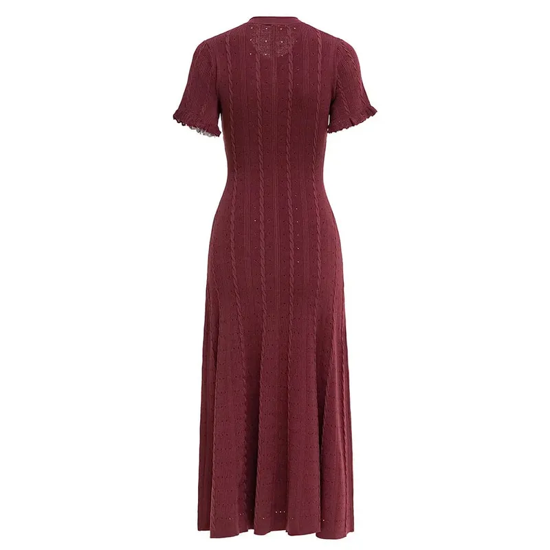 Summer Elegant Lady Knitted Single Breasted Long Dresses Women Solid Short Sleeve O Neck Button Bodycon Party Female Vestidos