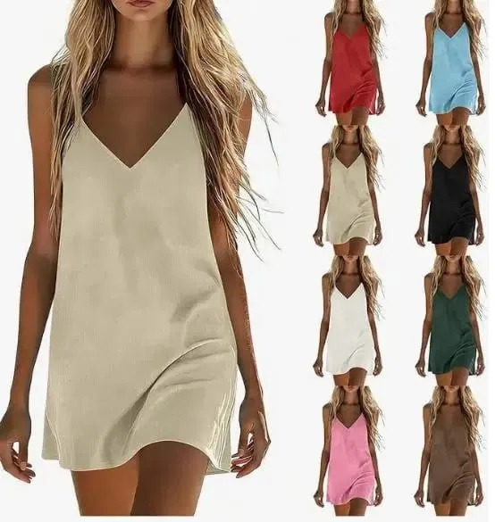 Cotton Linen Dresses For Women Summer Sleeveless V Neck Mini Dress Loose Fit Casual Beach Vacation платье летнее
