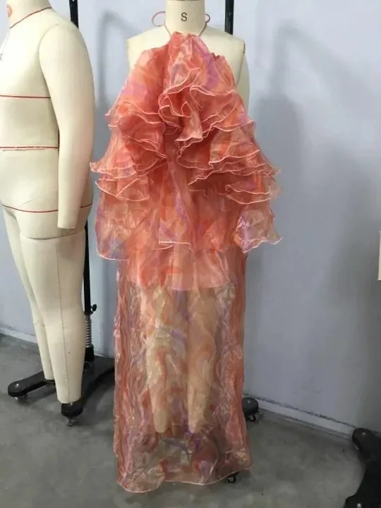 Print Halter Maxi Dress Off Shoulder Multi-Layer Ruffle Sheer Chiffon Loose Flowy Gown Boho Party Tiered Dress for Women