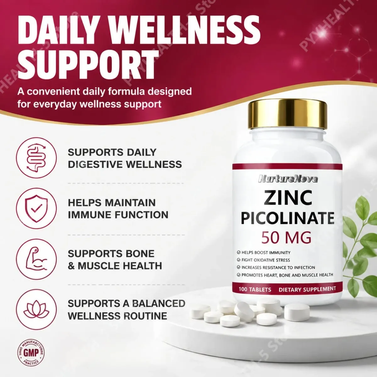 Zinc Picolinate Tablets for Antioxidant Support Bone and Muscle Wellness Daily Mineral Supplement for Adults 100 Tablets