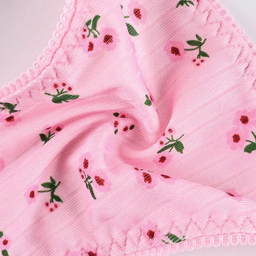 Women Cute Pink Ditsy Floral Wireless Bra Thong Set Adjustable Thin Spaghetti Straps Soft Daily Sleep Home Underwear Lingerie — image 6
