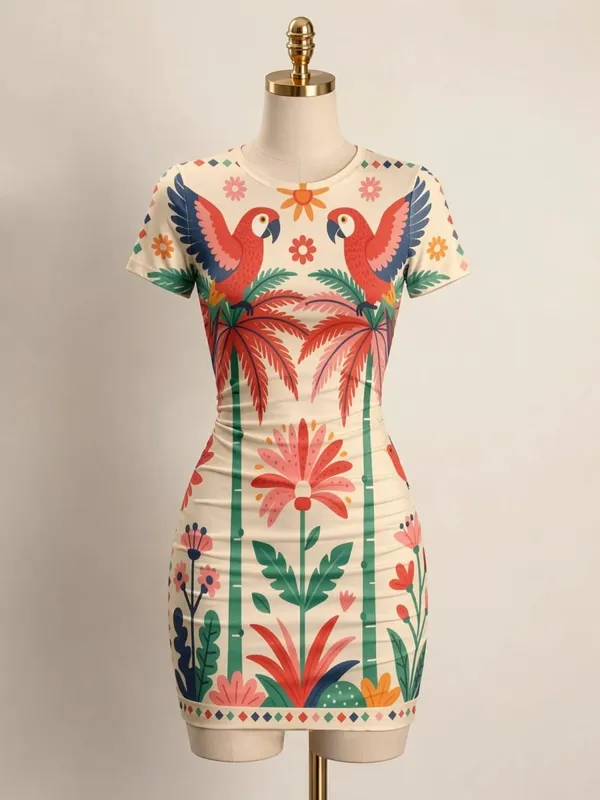 Womens Short Sleeve Bodycon Mini Dress Slim Fit Crew Neck Floral Print Casual Summer Party Cute Stretch Trendy Vacation Sundress — image 6