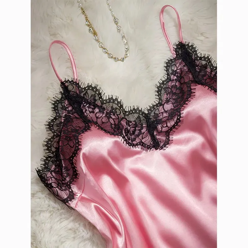 Solid Color Lace Trim Silk Lingerie Set Woman Pajamas Underwear Luxury Nightwear Sexy Bra V Neck Tank Short Summer Intimacy Sets