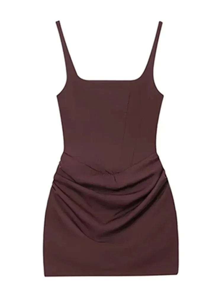 HH Women Sexy Pleated Mini Dress Square Neck Sleeveless Straps Dresses Summer Woman Vinatge Party Vacation Beach Dress Vestidos