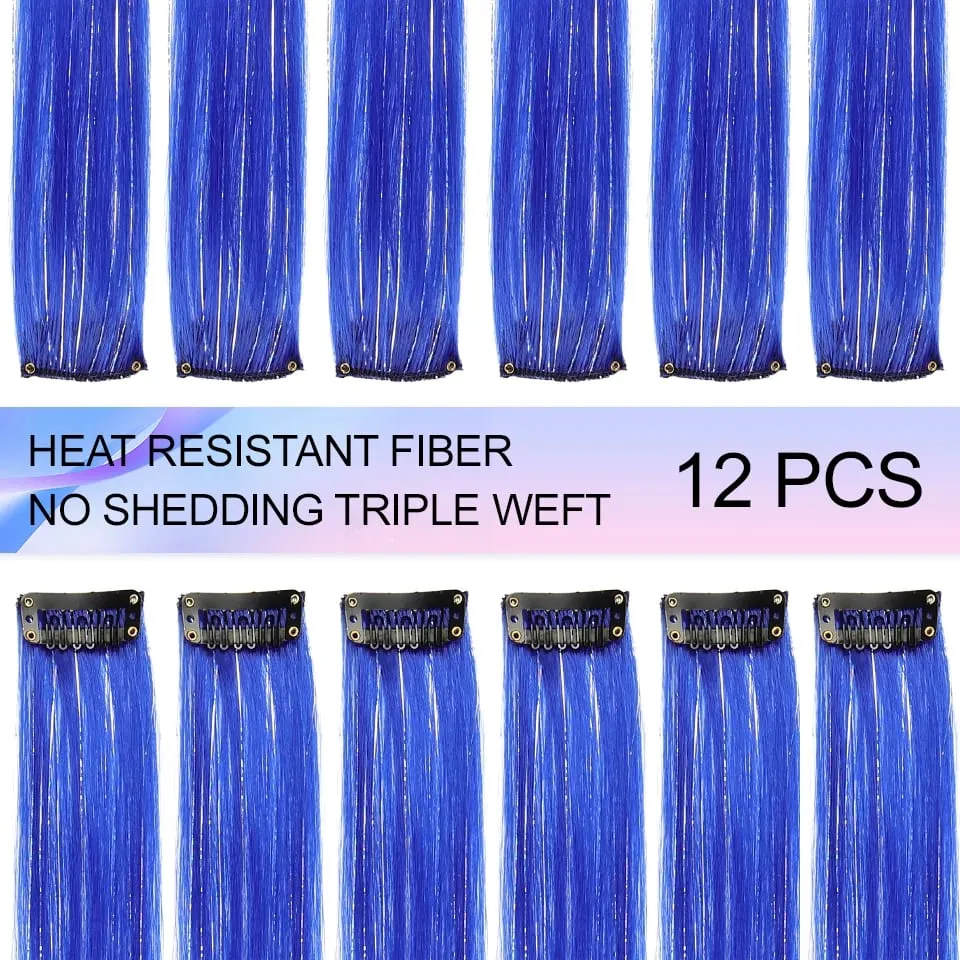 Synthetic Clip in Hair Extensions 12pcs/pack Clip in Colorful Hair Mixed Tinsels Glitter Hairpices for Women Girls Daily Party