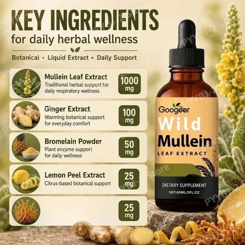 Mullein Liquid Drops 60ml with Wild Mullein Leaf Extract and Ginger Support Lung Health & Clean Impurities Plant Supplement
