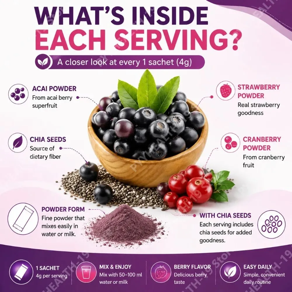 Acai Berry Drink Prášek s chia semínky Jahoda Brusinka pro antioxidanty Denní wellness & podpora imunitního systému pro dospělé 40 g