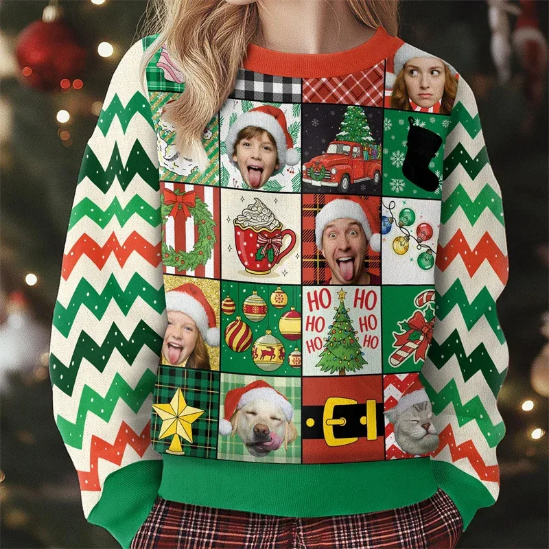 Personalized Custom Multi‑Face Christmas Sweatshirt Upload Family Pet Photos Ugly Xmas Reindeer Holiday Long Sleeve Tops