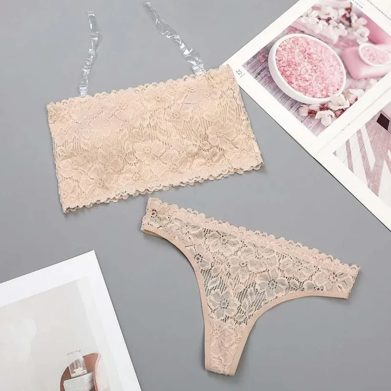 Lace Sheer Flower Thong Bra Set Embroidery Invisible Straps Floral Panties Bra Kit Hollow Lingerie Underwear for Women Women