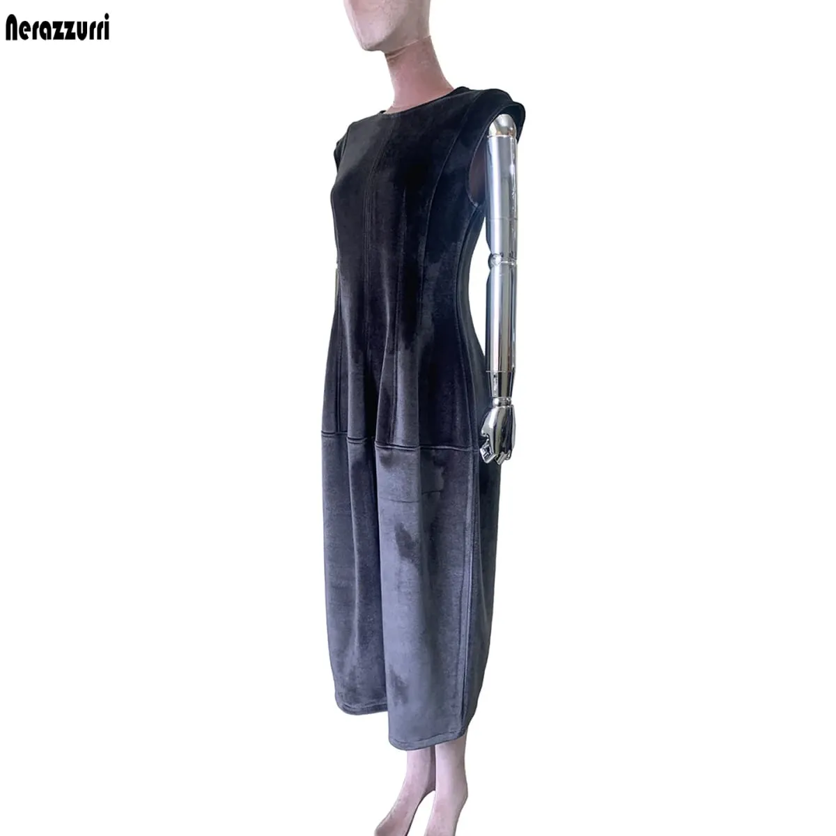 Nerazzurri Summer Autumn Long Luxury Elegant Luxury Fitted Dark Gray Sleeveless Soft Velvet Modest Dresses for Woman High Waist