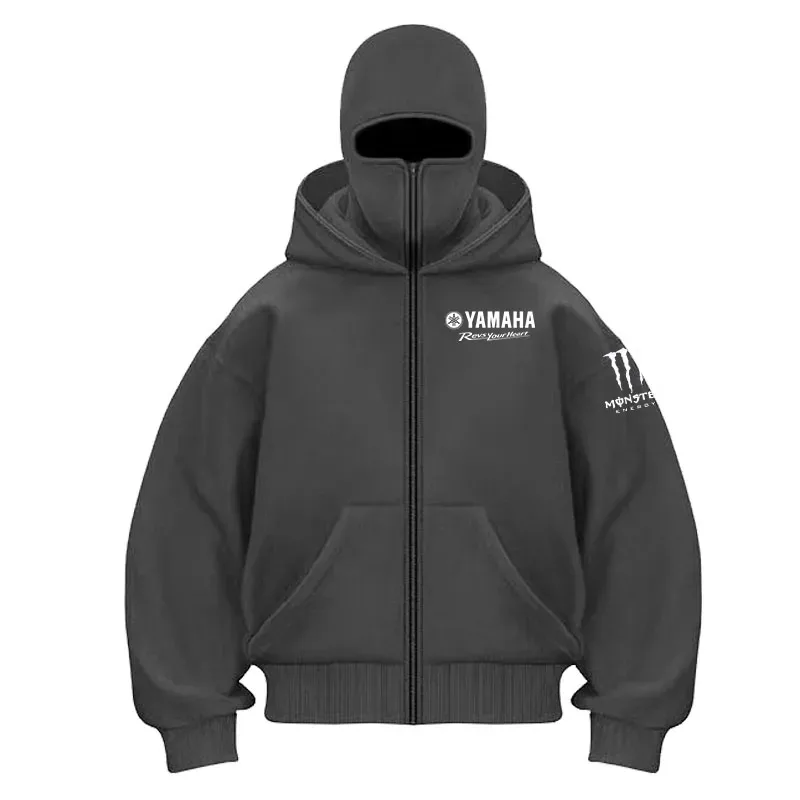 yamaha logo Naka-print na Cotton Cycling Mask Zipper Hoodie Lalaki at Babae Taglagas at Taglamig Bagong Estilo Fashion Casual Retro Cycling Jer