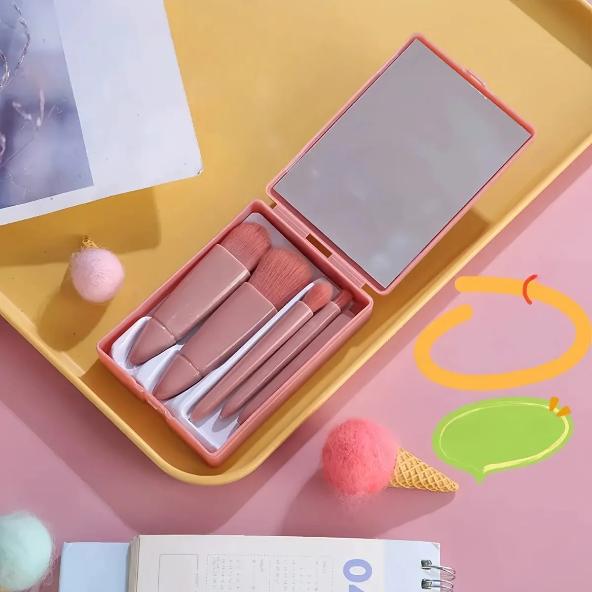 Rejsevenlig 5 stk makeup børstesæt med kompakt spejl og minietui Alsidig øjenskygge og løse pudderbørster