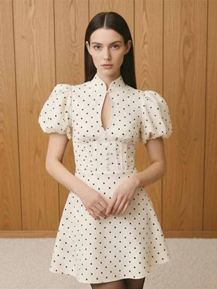 Retro Polka Dot Mini A-line Dress Elegant Stand Collar Puff Short Sleeve Waist-cinching Dresses 2026 New Lady Party Gowns — image 4