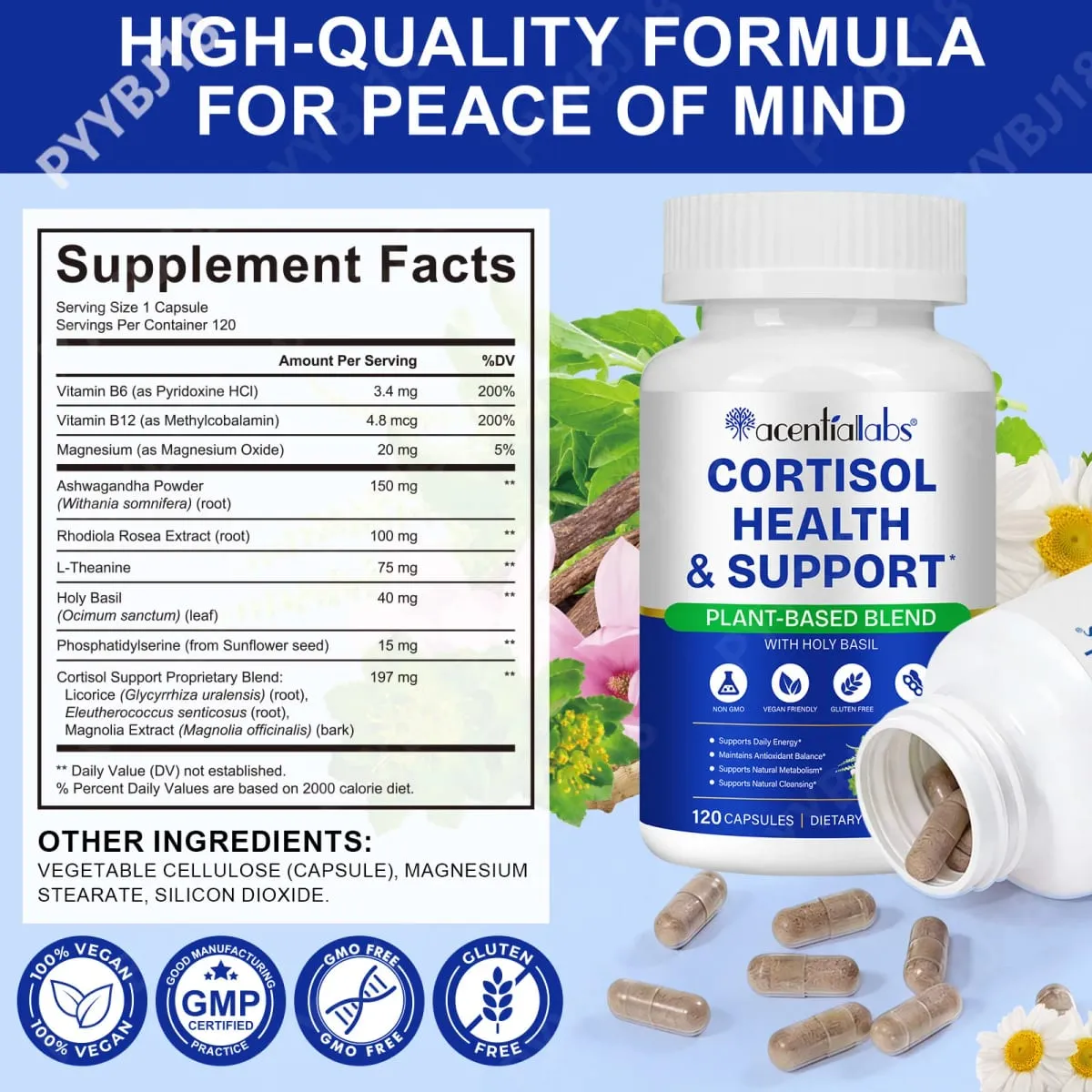 AcentiaLabs Cortisol Health & Support Capsules with Holy Basil Ashwagandha and Magnesium for Calm Stress Balance 120 Capsules