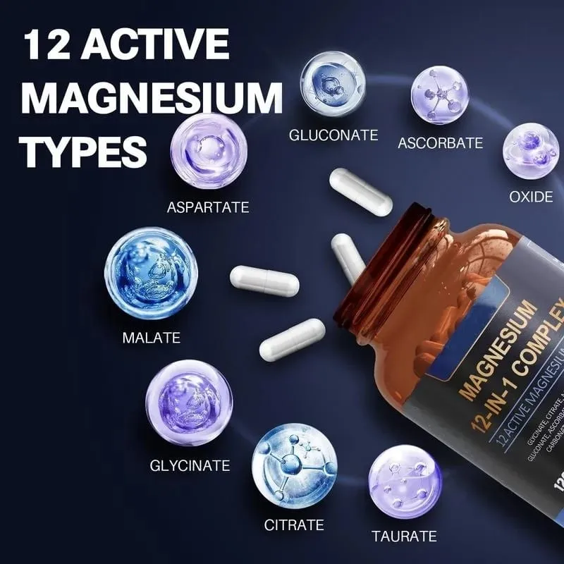 12 in 1 Magnesium Complex Capsules - Promotes Restful Sleep & Relieves Muscle Supports Bone Muscle and Heart Health