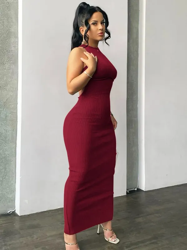 Hugcitar Ribbed Solid Hollow Out Backless Sleeveless Sexy Slit Mini Dress Bodycon 2025 Spring Women Outfits Elegant Party Y2K