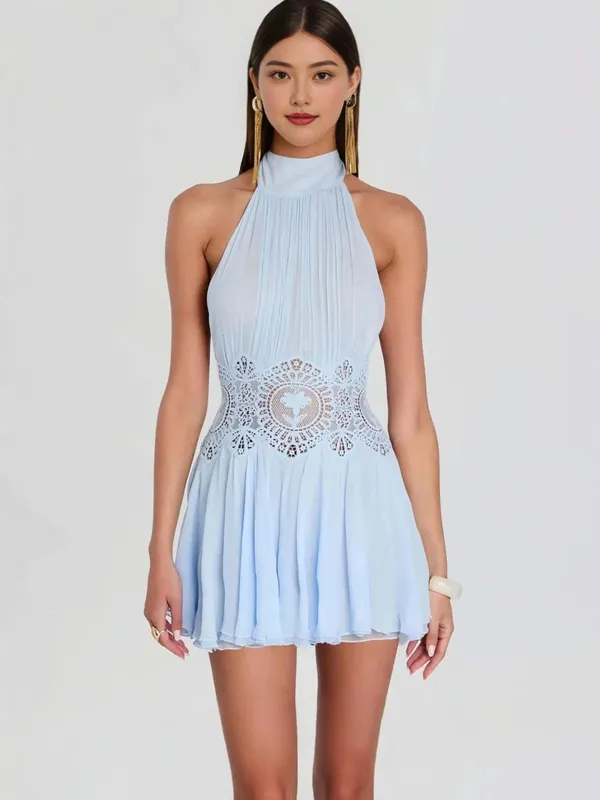 Sexy Hollow Out Women's Mini Dress Beach Pleated Lace Up Backless Sleeveless Female Dresses 2026 Summer Vacation Lady Robe — image 7