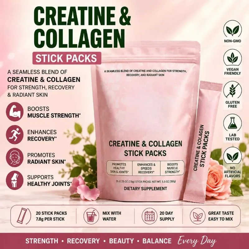 Creatine & Collagen Powder Stick Packs Supports Strength Recovery & Skin Health – Daily Nutrition Supplement 20Servings Per Bag