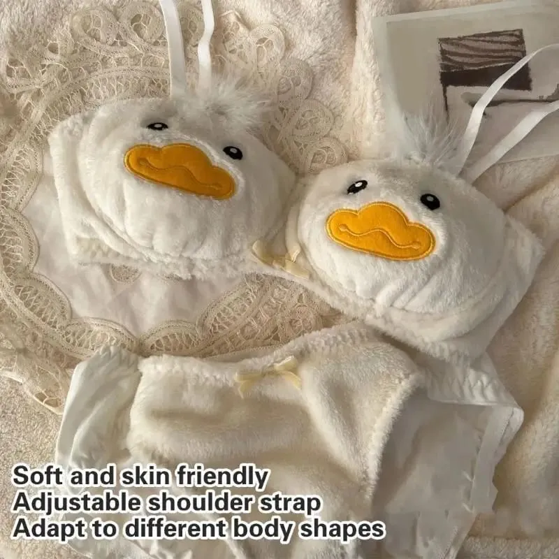 Women's 2Pcs Furry Bra and Panty Set Cartoon Duck Pattern Fuzzy Plush Wireless Underwear Japanese Anime Lingerie