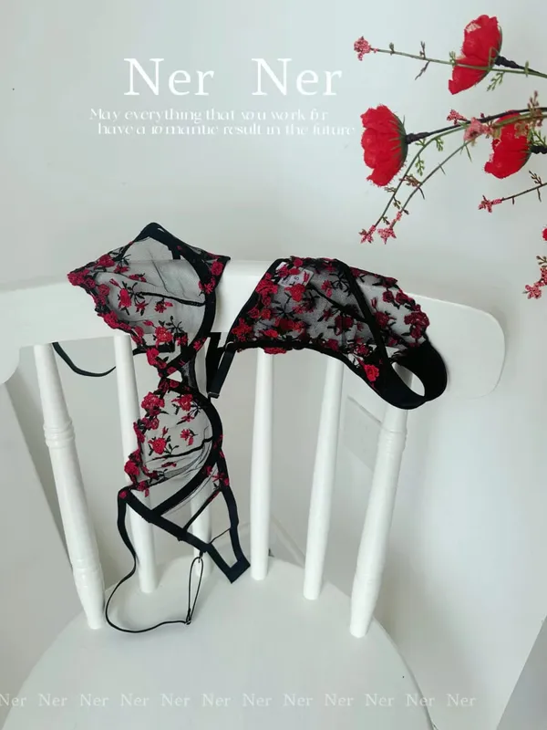 Transparent Floral Lace Embroidery Bra Set Summer Thin Minimizer Underwear Soft Breathable Full Bust Female Home Daily Wear S-XL — image 9