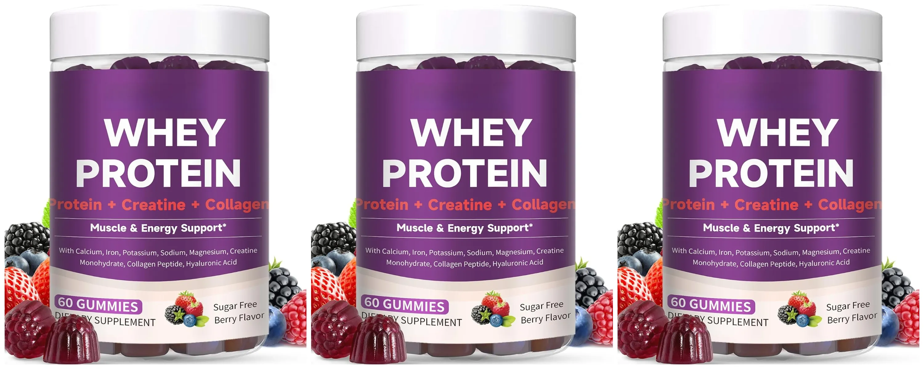 Protein Gummies with Whey Creatine Collagen 12g Protein Muscle Support Energy Nutrition Sugar Free Fitness Supplement 60 Gummies