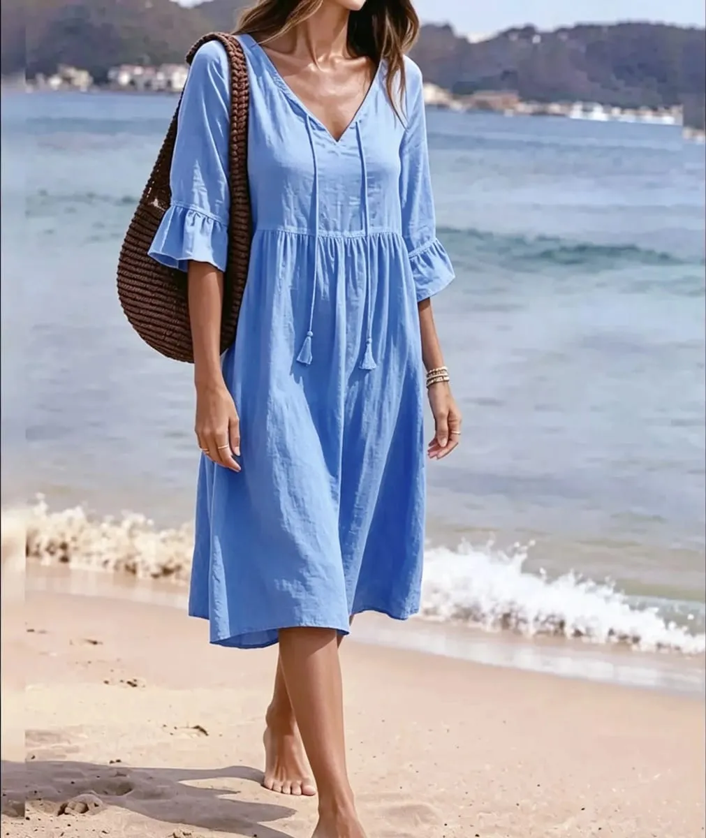 Women V Neck Tassel Drawstring Tiered Midi Dress 3/4 Flare Sleeve Loose Casual Beach Vacation Dress For Summer