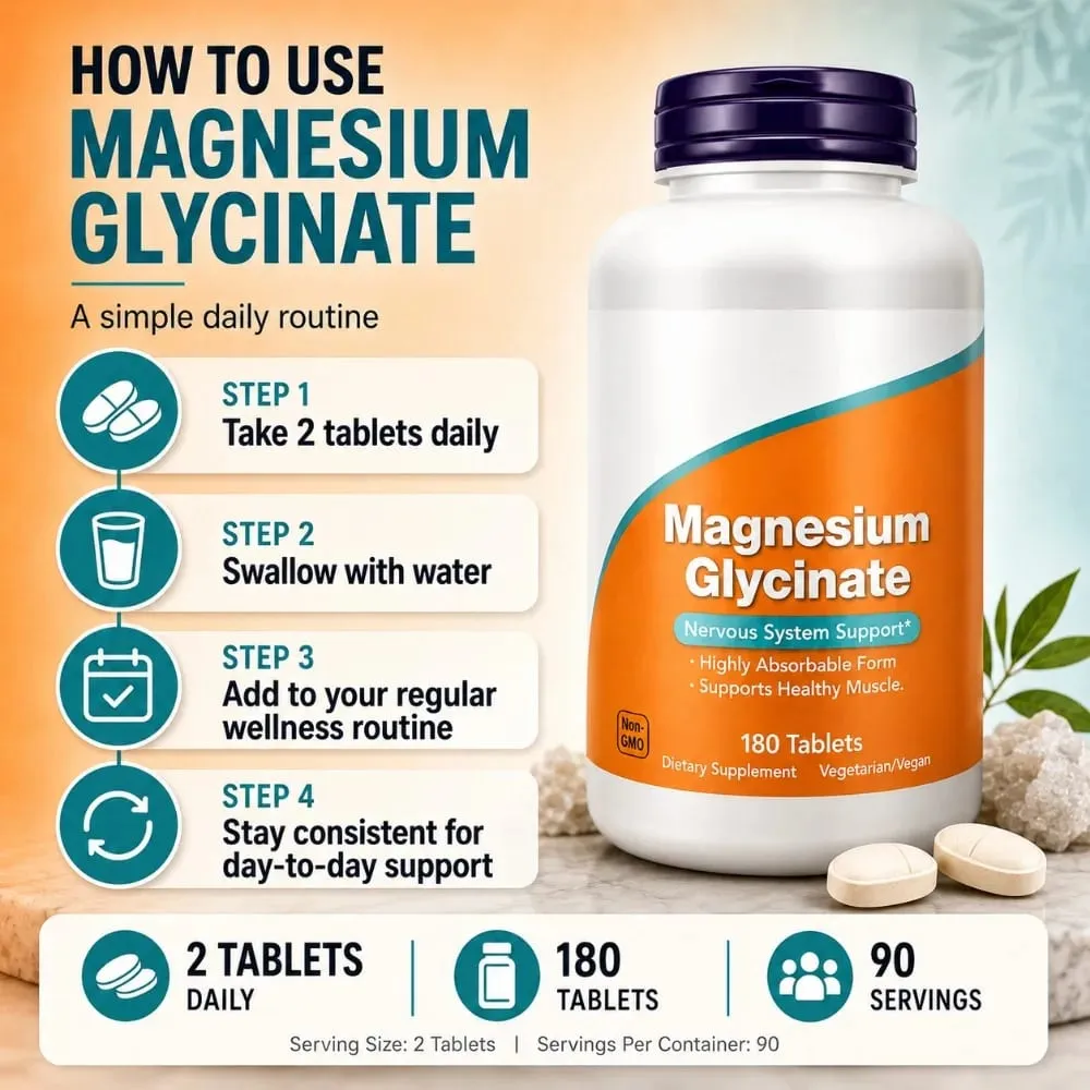 Magnesium Glycinate Tablets 200mg High Absorption Vegan Non-GMO Formula for Nervous System Muscle Relaxation Support 180 Count