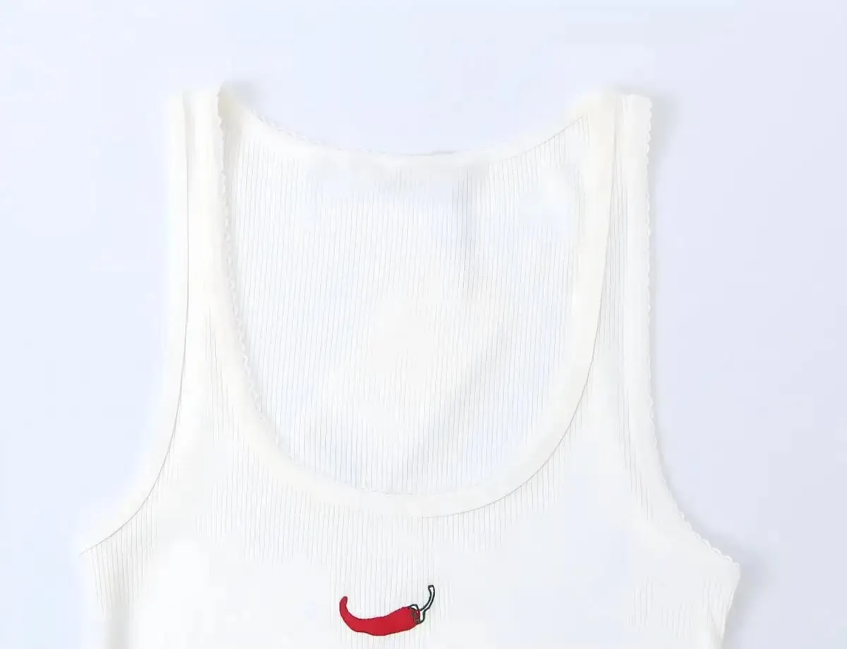 Women's Sleeveless Tank Top - Chili Embroidery Round Neck Ribbed Vest 2026 Summer Sweet Casual