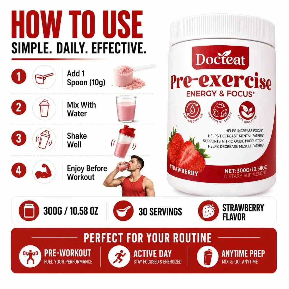 Docteat Pre Workout Powder Strawberry Energy & Focus Support Beta-Alanine L-Citrulline Rhodiola 300g 30 เสิร์ฟเครื่องดื่มผสม