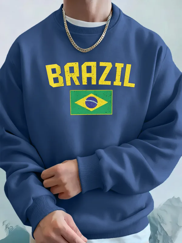 Brazil Letter And Flag Prints Man'S Pocket Streetwear Street Basic Hoody Crewneck Sport Sweatshirts Fleece Trendy Pullovers
