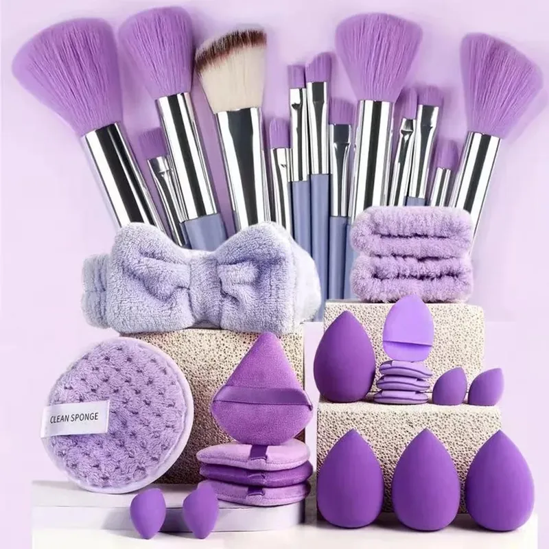 20/40Pcs Makeup Brushes and Sponges Set Brown Makeup Puff Beauty Egg Headband Wristband Remover Kit Makeup Tool Gift