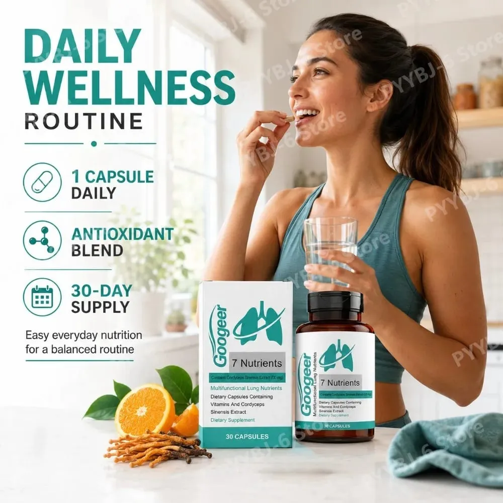 Googeer 7 Nutrients Lung Nutrition Capsules with Cordyceps Sinensis Extract &Vitamins Daily Respiratory Wellness Supplement 30Ct