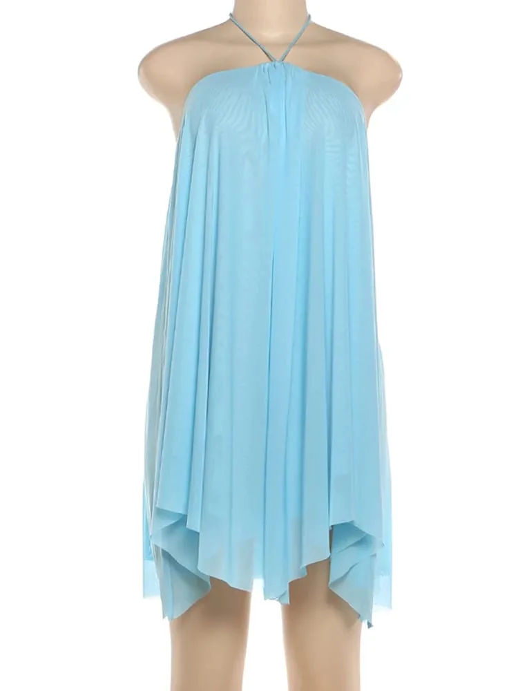 Weird Puss Halter Loose Dress Women Y2K Summer Sleeveless Backless Tiered Lrregular Hem Beach Vacation Sexy Trend Party Bodycon