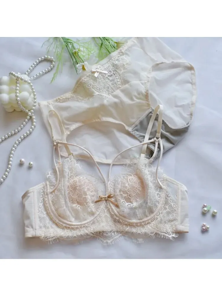 Korean Hot Trend Pure Desire Lace Bra Set Underwire Thin Cup Push Up Large Bust Visually Small Anti Droop Lingerie 32-38 Hot — image 4