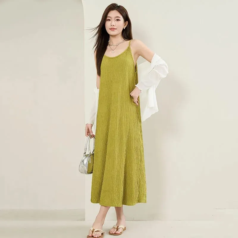 Women Spaghetti Strap Dress 2026 Summer Solid Color Loose Long Beach Sundress Lasy Elegant Sleeveless Evening Party Midi Dresses