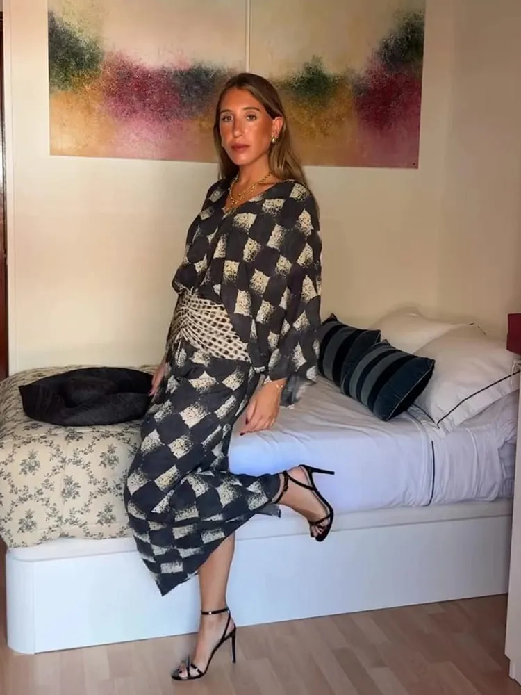 Vestido longo feminino com decote em v, cintura solta, cinched, cores contrastantes, manga curta, plissado, maxi, chique, férias, novo vestido feminino