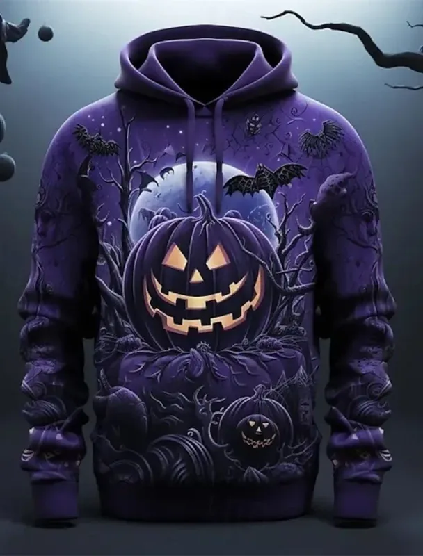 Halloween Purple Pumpkin hoodie pullover 3d tryckmönster par män kvinnor halloween karneval kostym fest avslappnad varje dag — image 2