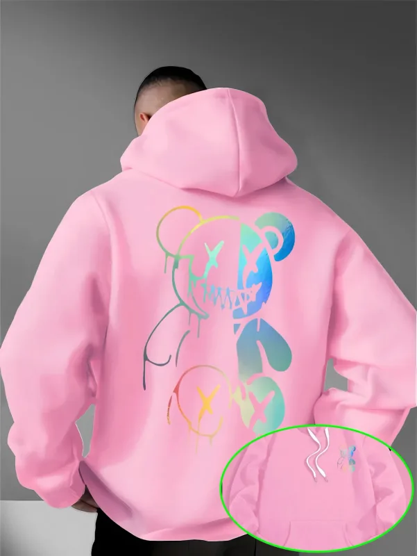 Loose Oversized Men Hoodies Holographic Split Evil Bear Front Back Dual Print Pullover Sweatshirt Dark Street Daily Hooded Tops