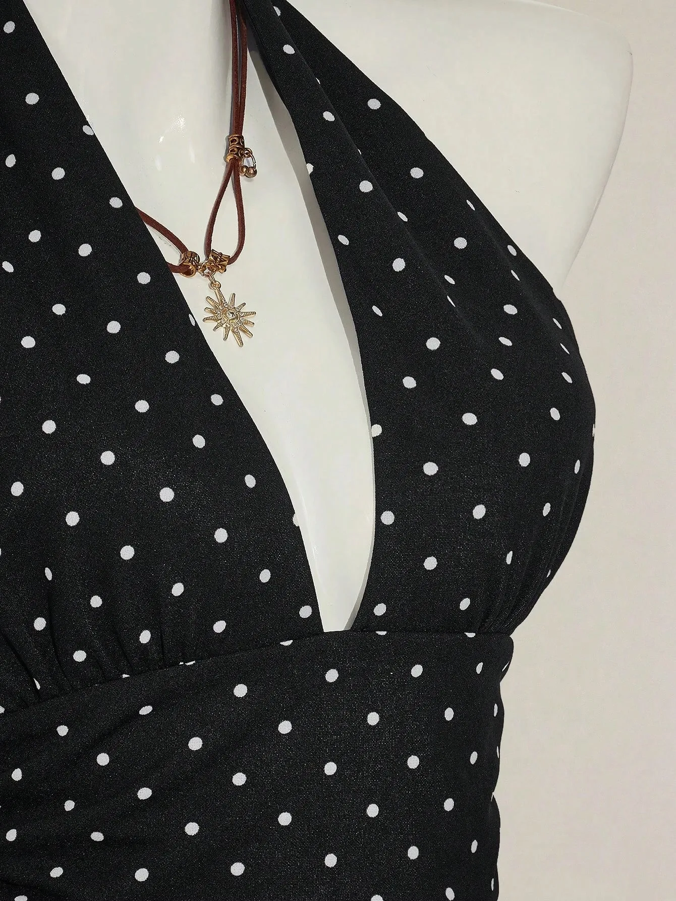 Ladies Polka Dot Backless Strap Top with Waist Pleating Design Adjustable Neck Strap Backless Strap Ladies Shirt