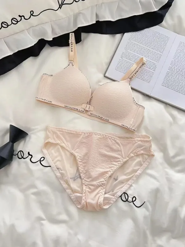 Sexy Front Closure Push-Up Lingerie Set for Small Breasts Comfortable Thin Bra with No Steel Ring Letter Shoulder Straps