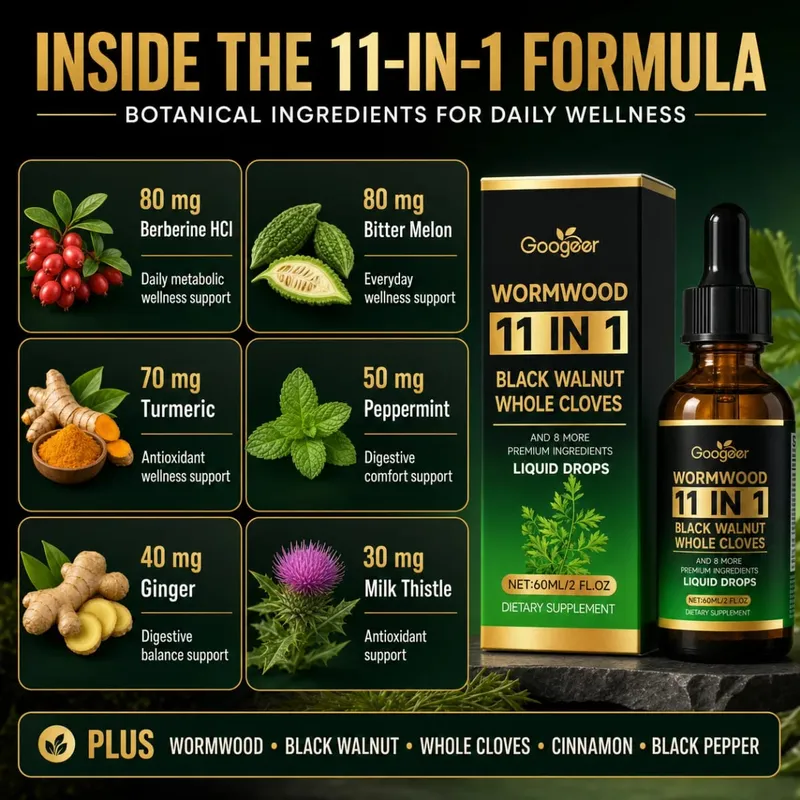 Wormwood 11 in 1 Liquid Drops - Black Walnut & Whole Cloves with Berberine Turmeric for Gut Health & Digestive Support 60ml