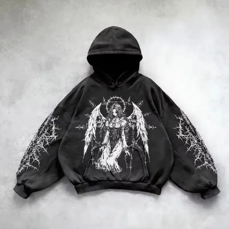 Retro Gothic Graphic Print Hip Hop Hoodie for Men Y2k Grunge Punk Casual Loose Pullover Women Streetwear Sweatshirt Hoodies