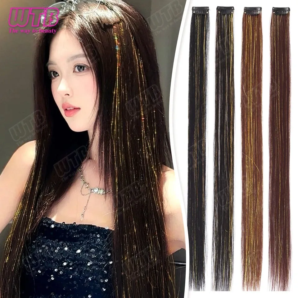 Synthetic Gold Laser Highlighted Hair Extension Wig BB Clip Style Straight Hair Extension Wig Suitable for Women's Daily Wear