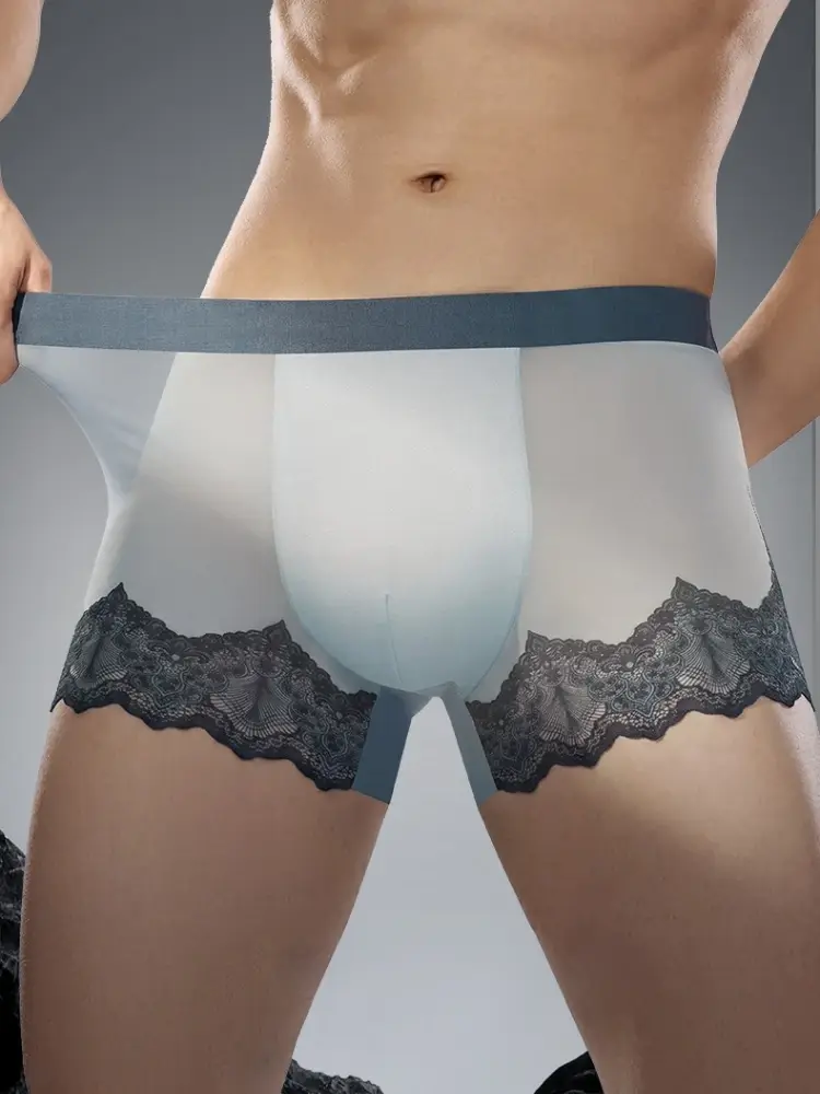 Men Lace Mesh Patchwork Underwear Summer Ultra Thin Breathable Boxer Shorts Sexy Bulge Pouch Underpant Panties See Through Trunk